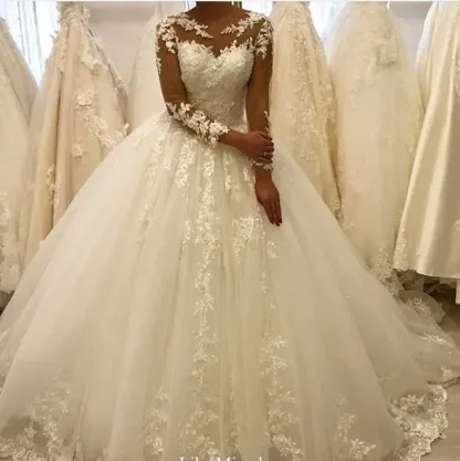 Beautiful Appliques A-Line Bateau Long Sleeves Wedding Dress with Tulle Lace Ruffles
