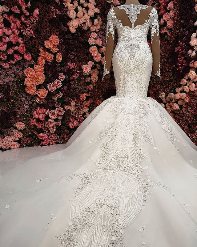 BMbridal Sexy V-neck Longsleeves Lace Wedding Dresses With Appliques White Mermaid Bridal Gowns Online-BMbridal