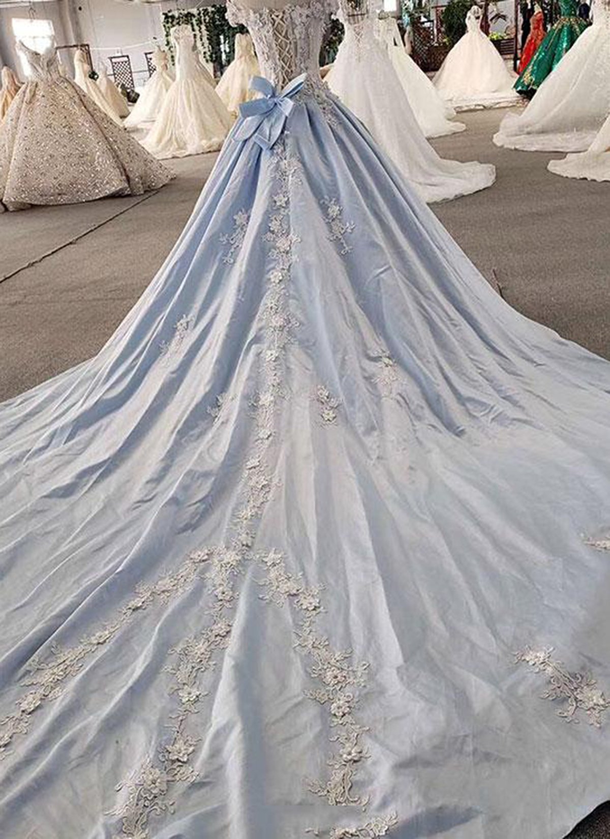 BMbridal AffordableLight Blue Satin Sweep Train Wedding Dress Off Shoulder Sleeveless Bridal Gowns On Sale-BMbridal