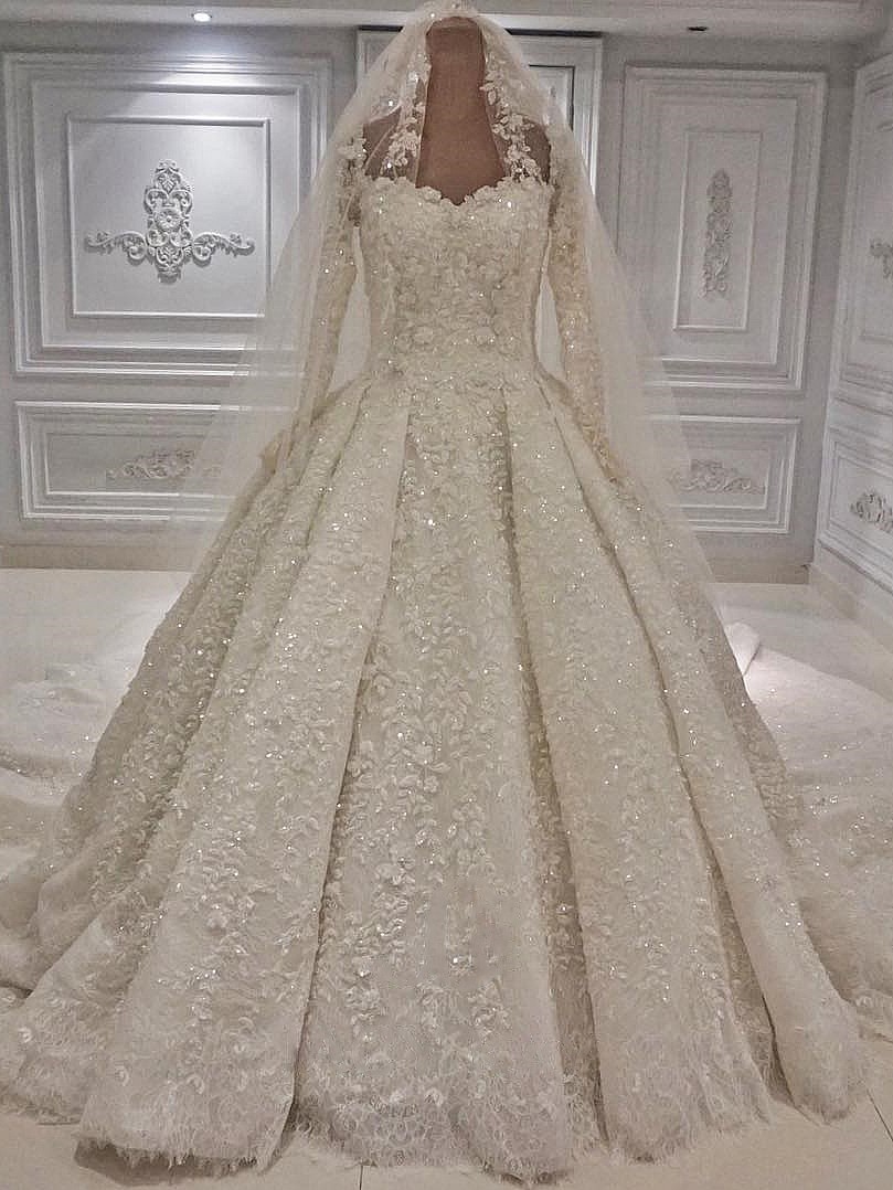 BMbridal Unique A-line Ruffles Lace Wedding Dresses With Appliques Longsleeves Ivory Bridal Gowns On Sale-BMbridal