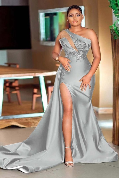 Dark Green One Shoulder Sleeveless Mermaid Split Prom Dress With Sequins