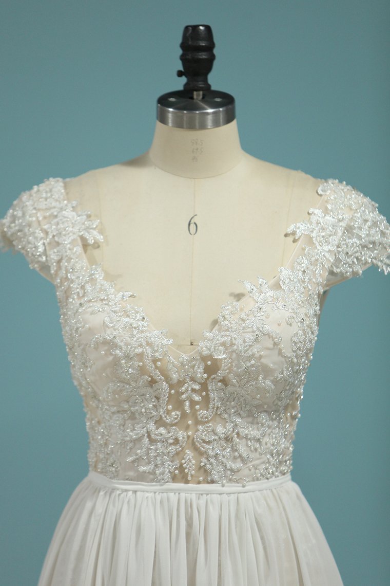 BMbridal Simple Chiffon Ruffles Lace Wedding Dress Appliques Cap Sleeves V-neck Beadings Bridal Gowns On Sale-BMbridal