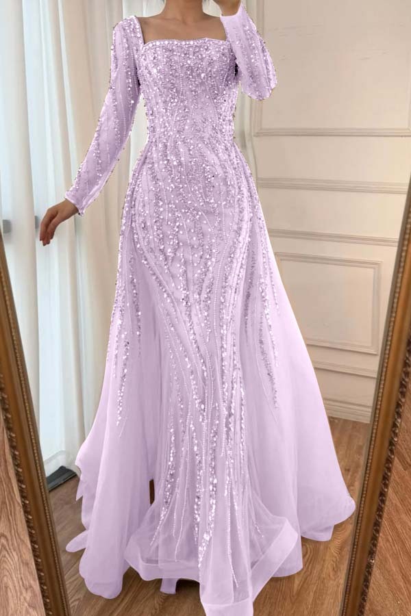 Square Neck Long Sleeves Long Mermaid Prom Dress With Beading Tulle