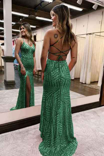 Sheath Spaghetti Straps Orange Sequins Long Prom Dress with Criss Cross Back