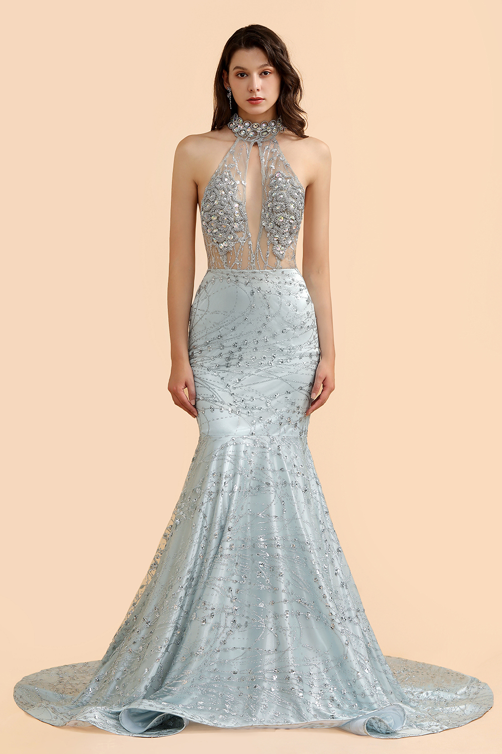BMbridal Luxurious Halter Rhinestones Prom Dress Mermaid Long Online