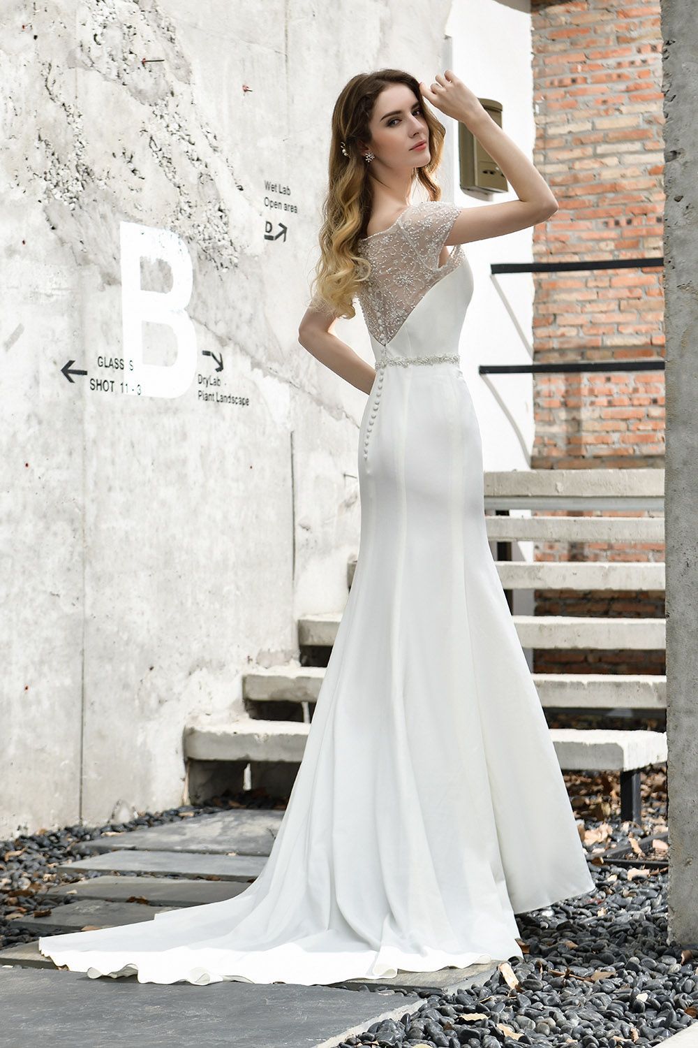 BMbridal Mermaid Satin Lace Off the Shoulder Affordable Ivory Wedding Dress