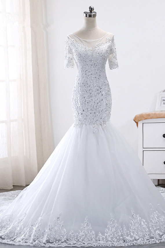 BMbridal Glamorous Jewel Tulle Lace Wedding Dress Mermaid Short Sleeves Beading Bridal Gowns Online