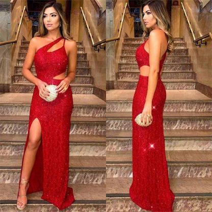 Bmbridal One Shoulder Red Sequins Prom Dress Mermaid With Slit