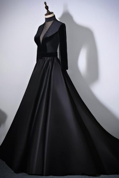 BMbridal Chic V-Neck Ruffles Black A-Line Prom Dresses Long Sleeves Evening Dresses with Sash