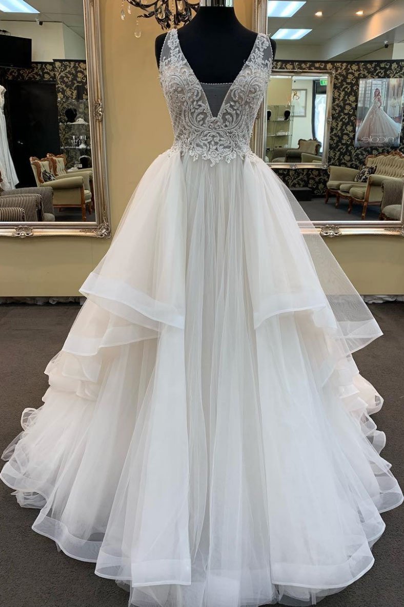 BMbridal Glamorous White Tulle Lace Ruffles White Wedding Dress Sleeveless Appliques Bridal Gowns On Sale-BMbridal