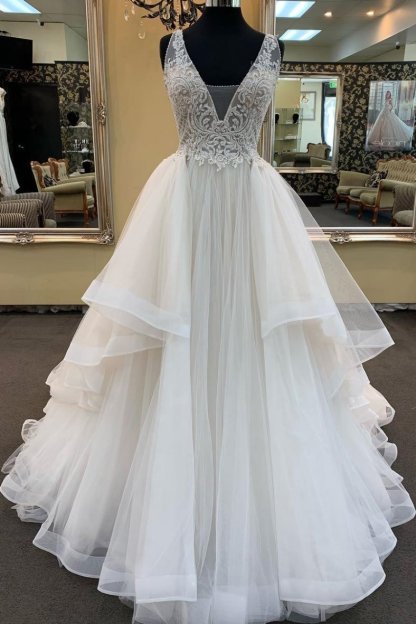 BMbridal Glamorous White Tulle Lace Ruffles White Wedding Dress Sleeveless Appliques Bridal Gowns On Sale-BMbridal