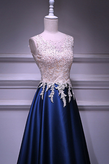 BMbridal Elegant Jewel Dark Navy Beadings A-Line Prom Dresses Sleeveless Appliques Ruffle Party Dresses On Sale-BMbridal