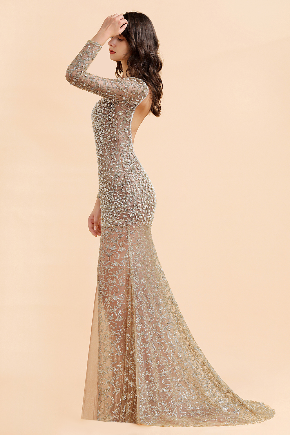 BMbridal Glamorous Jewel Lace Front Slit Prom Dresses Long Sleeves Appliques Formal Dresses with Pearls-BMbridal