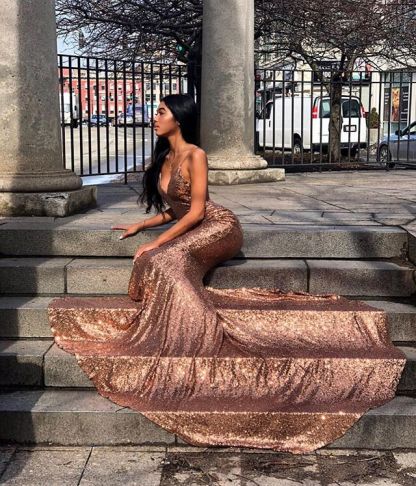 Bmbridal Spaghetti-Straps Mermaid Sequins Long Evening Prom Dress Sleeveless