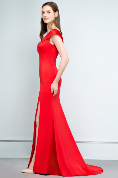 BMbridal Red Off-the-Shoulder Mermaid Prom Dress Long With Split