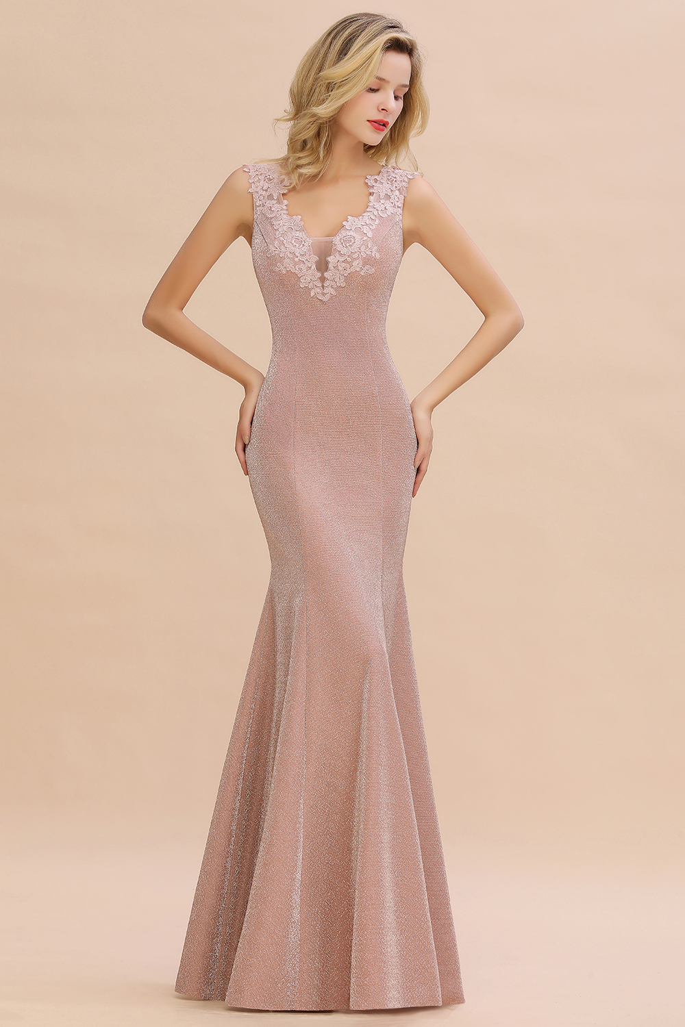 BMbridal Dusty Pink Shinning Long Prom Dress Mermaid With Appliques