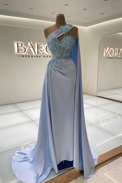 Bmbridal Sky Blue Mermaid Prom Dress Long One Shoulder With Ruffle