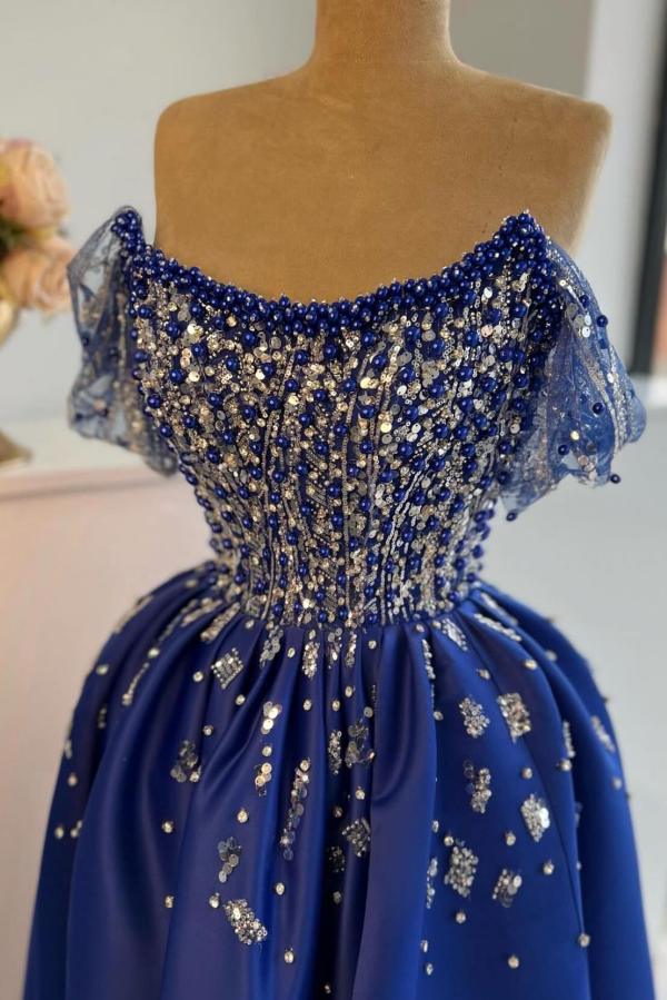 Deluxe Royal Blue Sequined A-Line Off-The-Shoulder Split Front Satin Prom Dresses with Beads