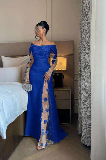 Off the Shoulder Long Sleeves Long Prom Dress With Split Appliques