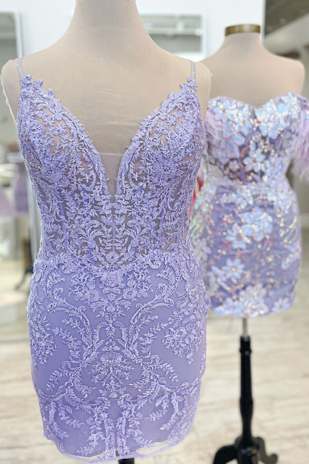 Lavender Lace Spaghetti Straps Tight Short Homecoming Dress with Fringes-BMbridal