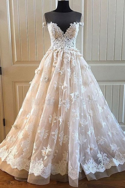 BMbridal Elegant Creamy Lace Sweetheart Long Wedding Dress A Line Appliques Bridal Gowns On Sale
