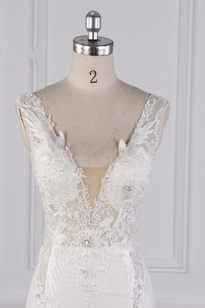 BMbridal Glamorous Mermaid Satin Sleeveless Wedding Dress White Lace Appliques Bridal Gowns with Beadings On sale-BMbridal