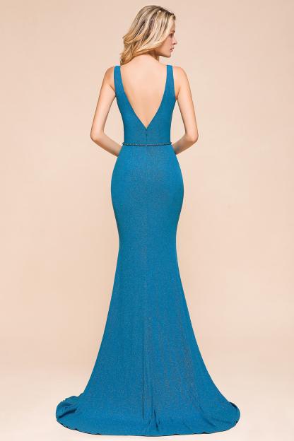 BMbridal Shinning Blue Mermaid Long Prom Dress V-Neck Sleeveless Long Evening Gowns