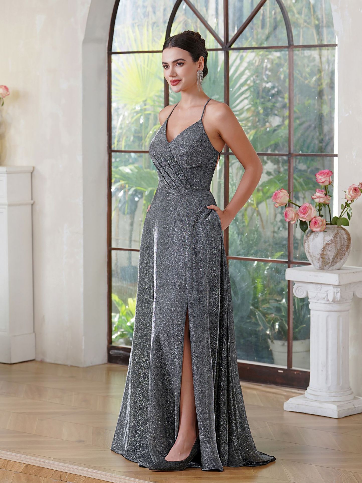 Vintage A-Line Polyester Lurex Fabric V-Neck Sleeveless Darkbrown Prom Dress With Pocket Split