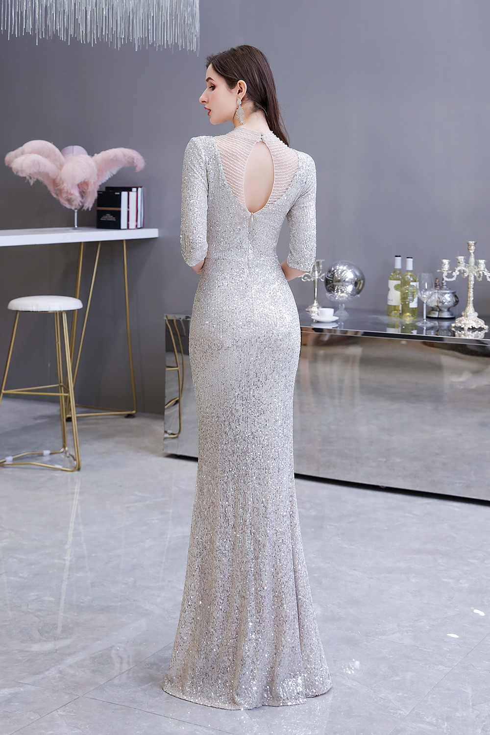 BMbridal Silver Half Sleeve Sequins Prom Dress Mermaid Long Evening Gowns