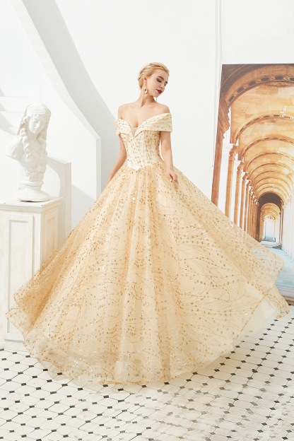 BMbridal Gold Off-the-Shoulder Sequins Prom Dress Ball With Lace-up Online