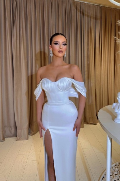Bmbridal Off-the-Shoulder White Prom Dress Mermaid Slit