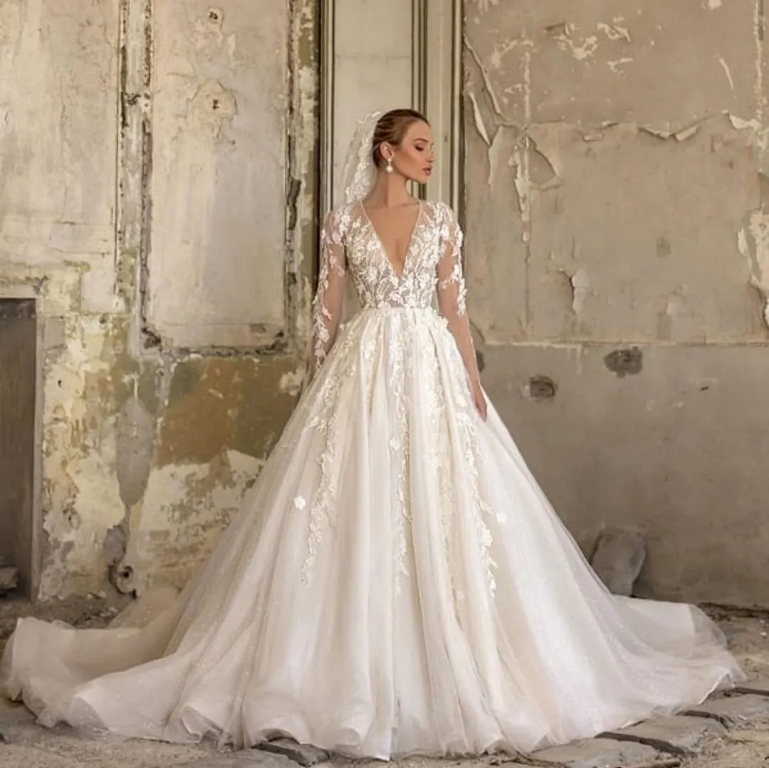 Chic Deep V-Neck Floor-Length Long Sleeves A-Line Wedding Dress Tulle with Appliques Lace Ruffles