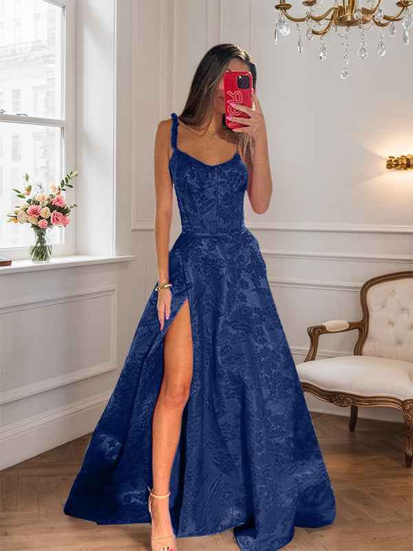 Hot Pink A Line Floral Long Prom Dress with High Slit