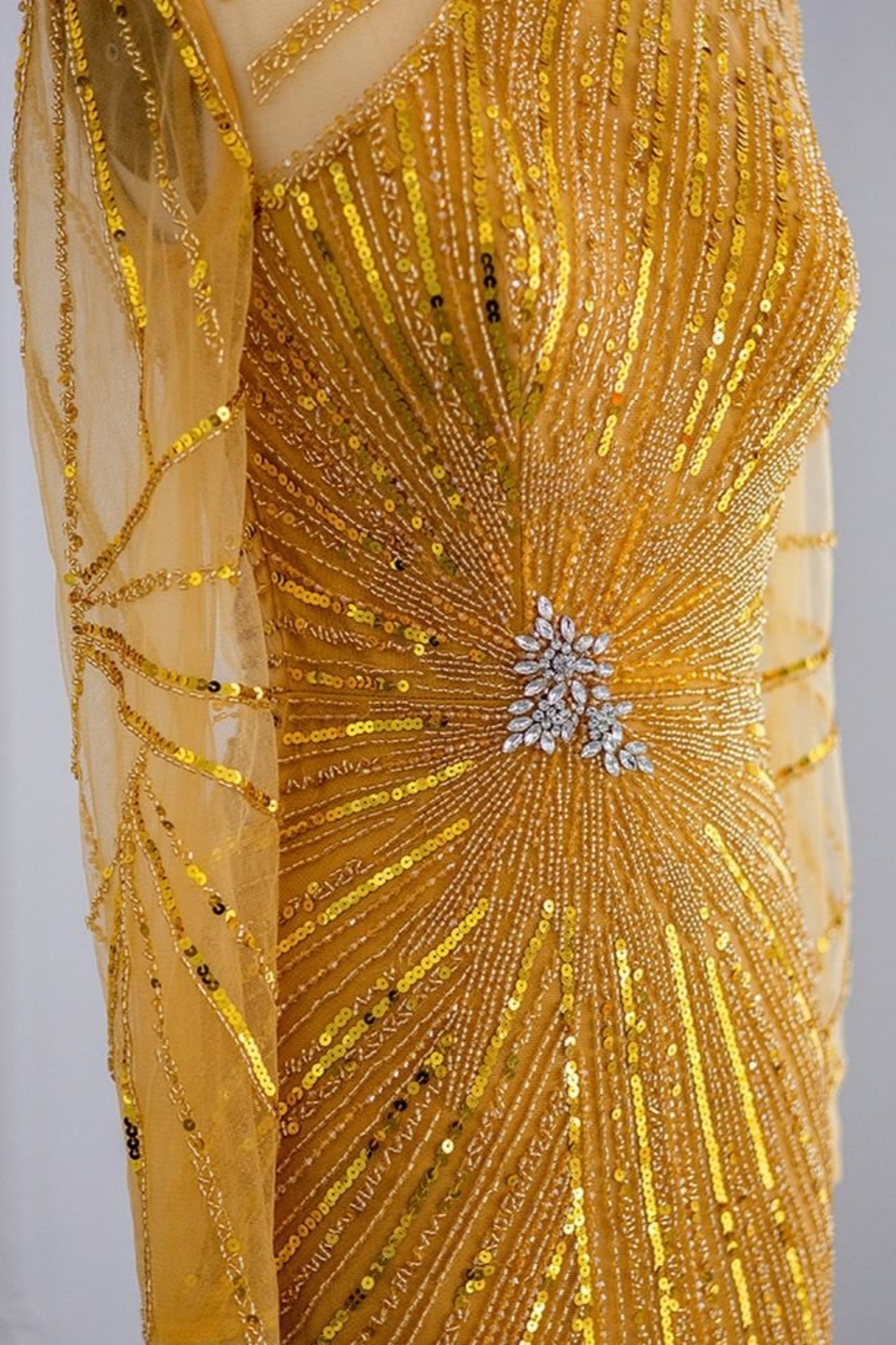 Bmbridal Yellow Floor-Length Long Sleeves High Neck Tulle Prom Dresses with Beadings