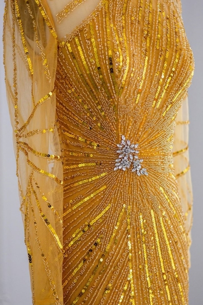 Bmbridal Yellow Floor-Length Long Sleeves High Neck Tulle Prom Dresses with Beadings