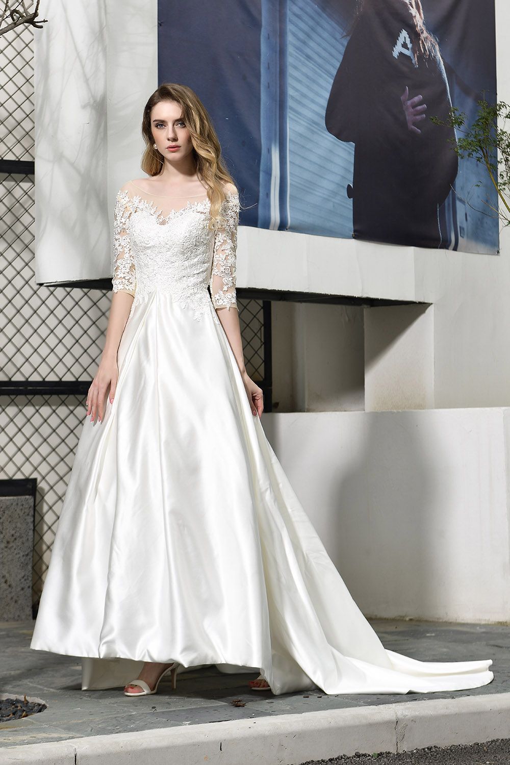 BMbridal Elegant A-Line Satin Lace 3/4 Sleeves Ankle Length Wedding Dress