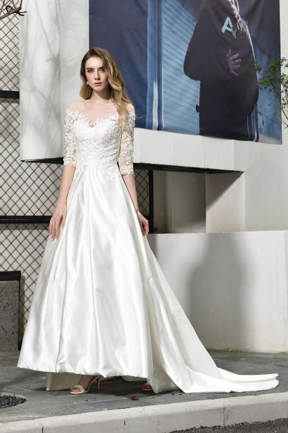 BMbridal Elegant A-Line Satin Lace 3/4 Sleeves Ankle Length Wedding Dress