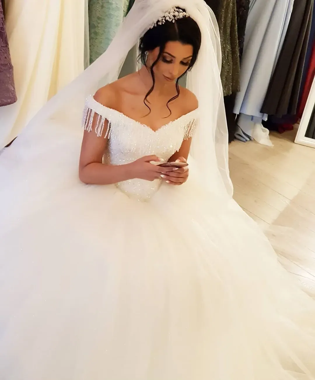 Stunning Off-the-Shoulder Beading Backless Floor-Length Wedding Dress with Tassel Tulle