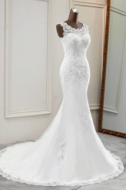 BMbridal Glamorous Jewel Lace Beading Wedding Dresses Sleeveless Appliques Mermaid Bridal Gowns
