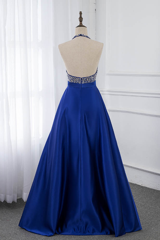 BMbridal Gorgeous Satin Halter Ruffle Backless Prom Dresses with Beadings Top