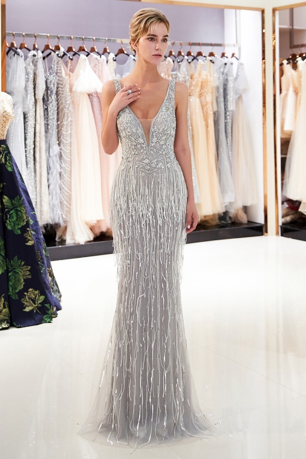 BMbridal Silver Mermaid Long Sequins Prom Dress Appliques