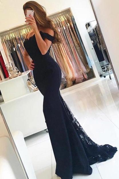 Bmbridal Black Off-the-Shoulder Mermaid Evening Dress With Lace Appliques