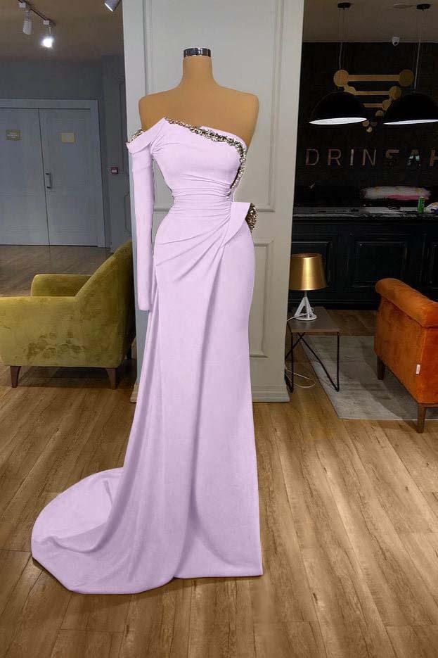 Orange Long Sleeves Sequins Long Pleated Mermaid Prom Dress With Beadings