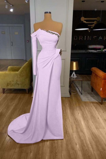 Orange Long Sleeves Sequins Long Pleated Mermaid Prom Dress With Beadings