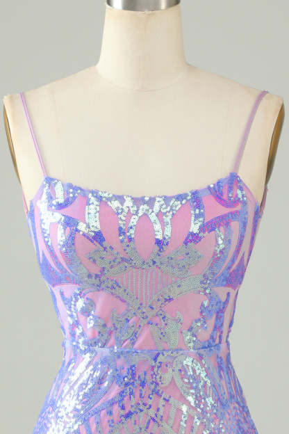 Sparkly Purple Spaghetti Straps Backless Short Tight Homecoming Dress with Sequins