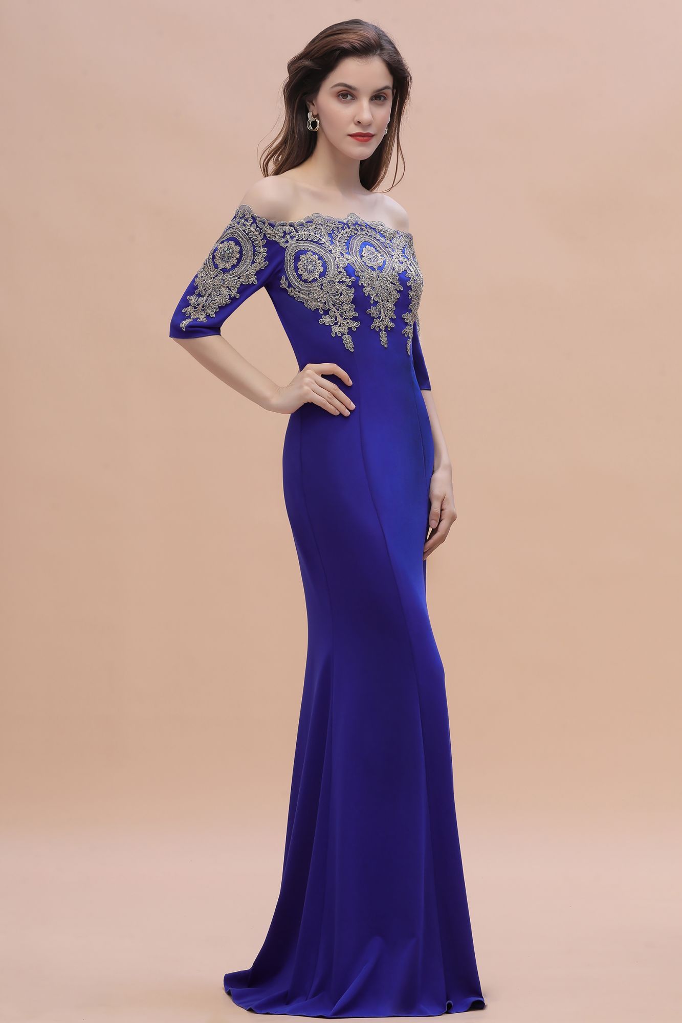 BMbridal Mermaid Off-Shoulder Chiffon Lace Half Sleeve Evening Dress