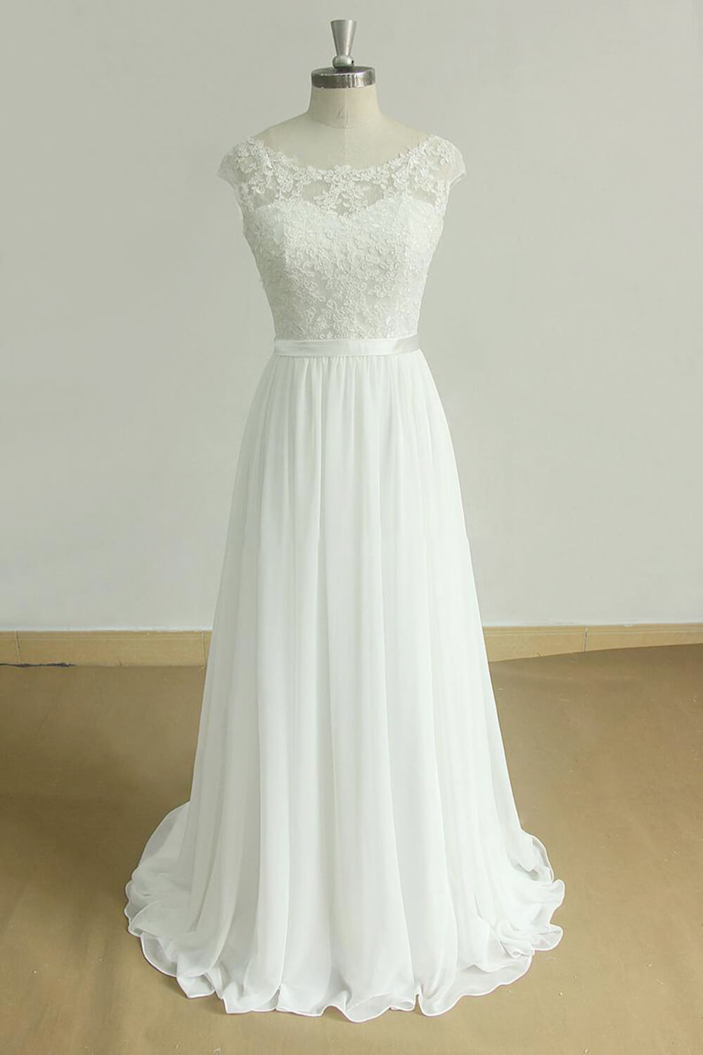 BMbridal Stylish White Chiffon Lace Wedding Dresses Jewel Sleeveless Bridal Gowns On Sale-BMbridal