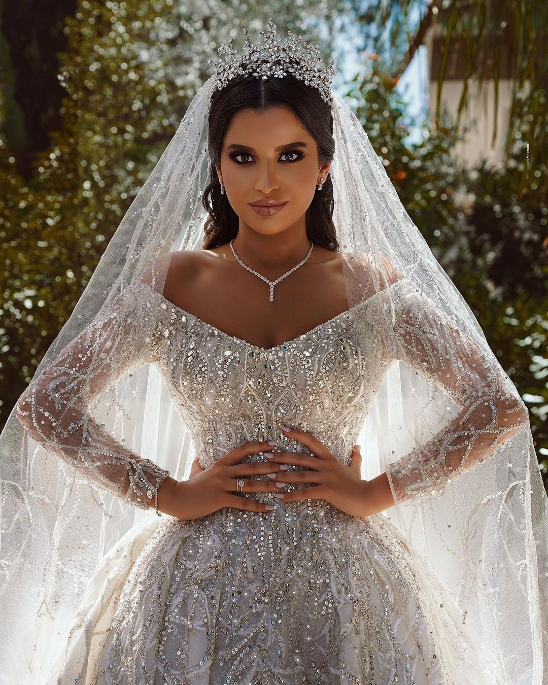 BMbridal Long Sleeves Crystal Wedding Dress Ball Gown Off-the-Shoulder-BMbridal