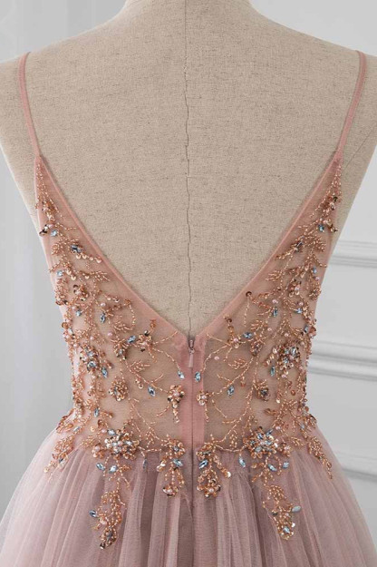 BMbridal Elegant Tulle Spaghetti Straps Appliques Prom Dresses with Front Slit Online
