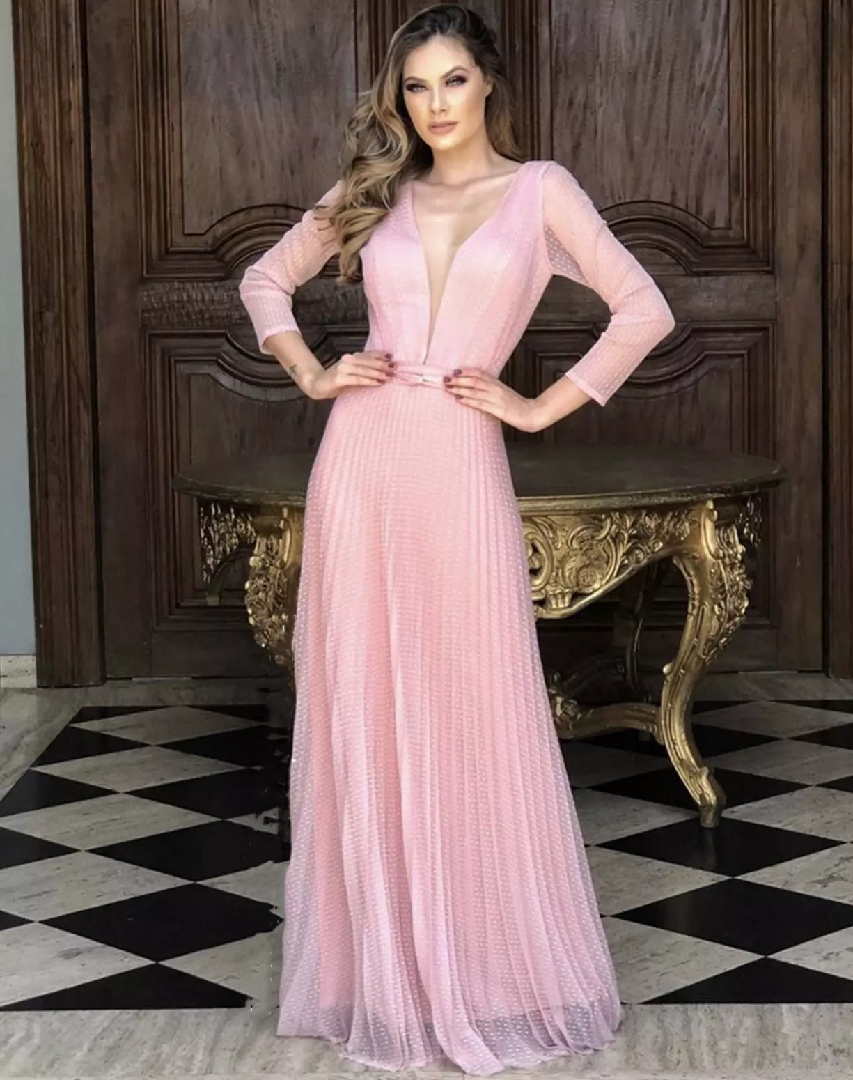 BMbridal Pink Long Sleeves Prom Dress Tulle Long Holiday Party Dress
